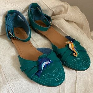 Teal Beachy Flats with Ankle Strap Women’s Size 10 - Customize at home!